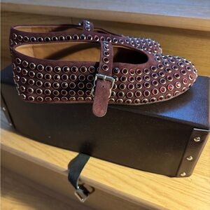 Alaia Studded Burgundy Mary Jane Flats 37 with Box